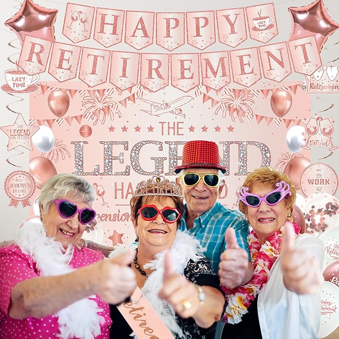 Roetyce Retirement Party Decorations Women, Rose Gold Happy Retirement Banner Backdrop Balloons Hanging Swirls for Coworker Family, Pink Lengend Has Retired Sash & Crown, Office Retired Background