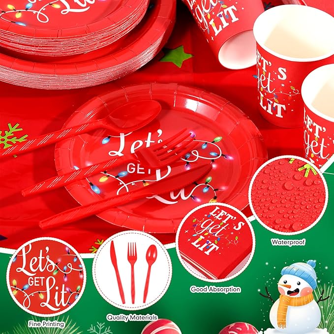 Baderke 195 Pcs Christmas Party Supplies Let's Get Lit Disposable Tableware Set Red Christmas Plates Tablecloth Banner Napkins Cups Forks Knife Spoon Friendsmas Xmas Holiday Decorations for 24 Guests