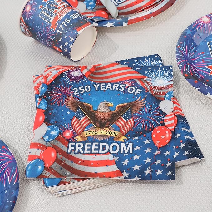 Probsin 250th Anniversary Plates and Napkins Set for 24-Disposable Paper Plates, Napkins, Cups, 250 Years of Freedom 1776-2026 American Eagle Patriotic Party Supplies for Outdoor Picnic