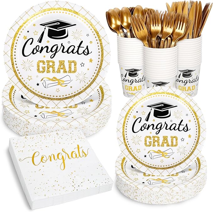 Whaline 175 Pcs Graduation Party Supplies, Paper Plates and Napkins Set, 25 Guests Gold Congrats Grad Disposable Tableware Include Plate Napkin Cup and Cutlery for Party Table Decor