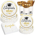 Whaline 175 Pcs Graduation Party Supplies, Paper Plates and Napkins Set, 25 Guests Gold Congrats Grad Disposable Tableware Include Plate Napkin Cup and Cutlery for Party Table Decor