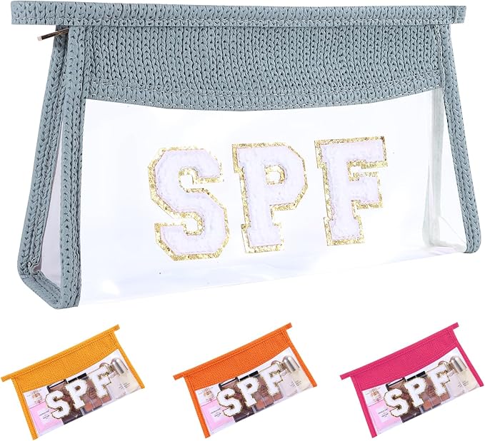 SPF Sunscreen Bag Clear Makeup Bag Chenille Letter SPF Cosmetic Zipper Pouch Summer Beach Essential Cute Toiletry Pouch Travel Accessories Gifts for Women