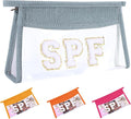SPF Sunscreen Bag Clear Makeup Bag Chenille Letter SPF Cosmetic Zipper Pouch Summer Beach Essential Cute Toiletry Pouch Travel Accessories Gifts for Women