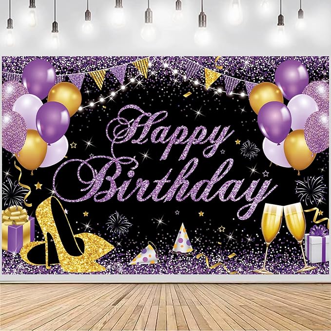 Happy Birthday Banner - Birthday Decorations for Women Girls Purple Birthday Party Banners Welcome Happy Birthday Background Sign for Theme Party Decorations Indoor Outdoor