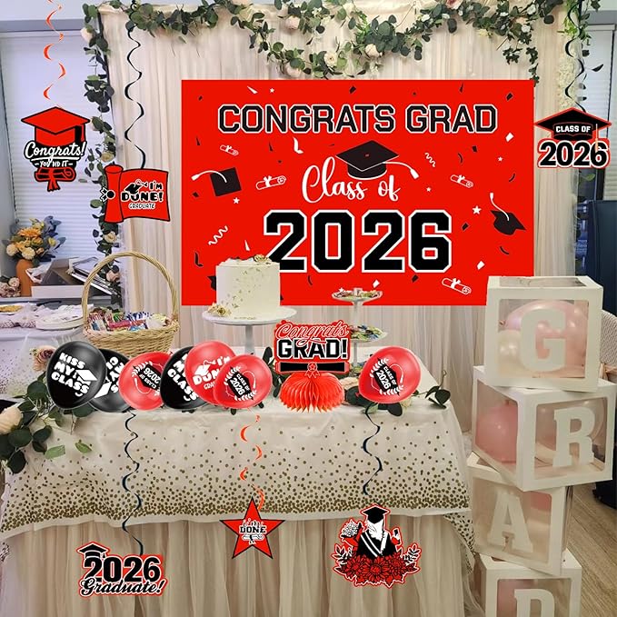 Graduation Decorations 2026 Red Themed Set - Congrats Grad Banner, Class of 2026 Backdrop, Balloons & Streamers Kit - Complete Party Supplies for High School & College Celebrations