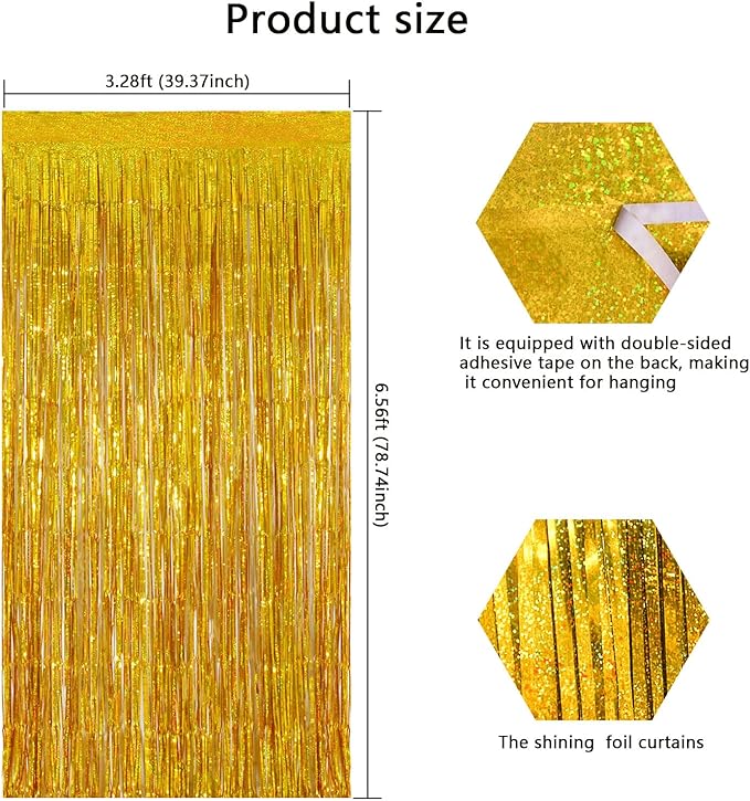 Shimmering Gold Foil Fringe Curtains - 3.28 x 6.56ft Metallic Streamers Tinsel Photo Booth Backdrop Curtain for Birthday Party, Wedding & Photography Background Photo Booth Decoration