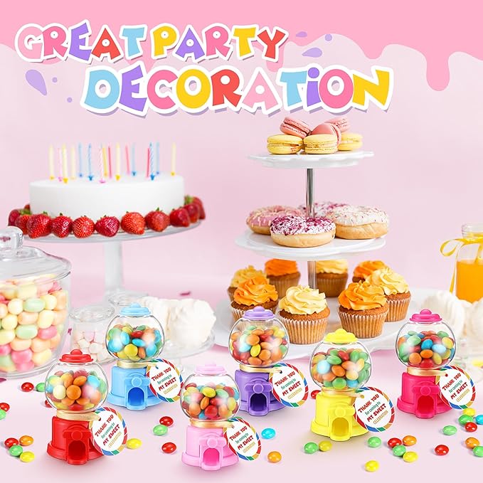 Candy Party Favors with 3.8 Inch Mini Candy Dispenser Toy Thank You Cards Mini Bubble Gumball Machines for Land Birthday Party Decorations Favors(18 Sets)