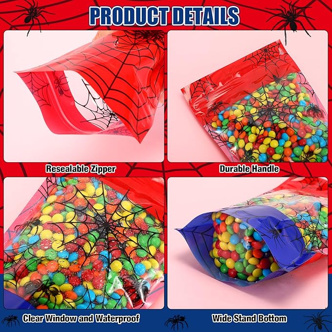 Fuutreo 50 Pcs Spider Gift Bags Plastic Cobweb Birthday Sealed Pouches Resealable Red Blue Spider Bags Party Favor Pouches for Home Candy Small Gift Party Wrapping Supplies Decoration