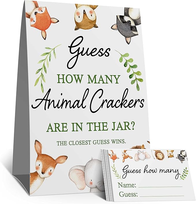 Guess How Many Animal Crackers are in the Jar，Watercolor Woodland Animals Baby Shower Decorations，(1 Sign+50 Cards), How Many Animal Crackers Birthday, Christmas, Funny Party Game