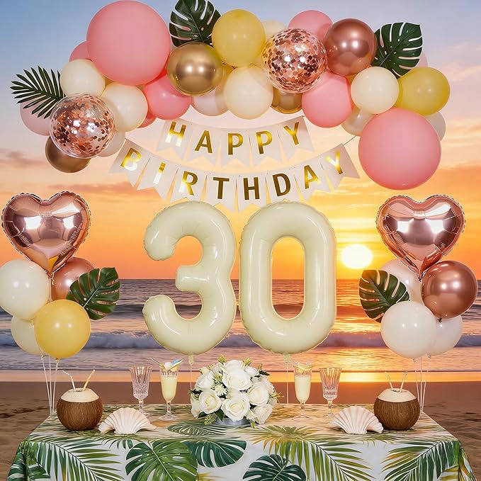 30th Birthday Decorations for Women, Retro Sand White and Cream Balloon Garland Kit, Cream Number 30 Balloon, Pink Happy 30th Banner, Milestone Party Supplies