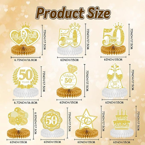 10 Pcs 50th Anniversary Decorations, 50th Wedding Anniversary Decorations 50th Anniversary Honeycomb Centerpiece White Gold Happy 50th Wedding Anniversary Party Centerpieces