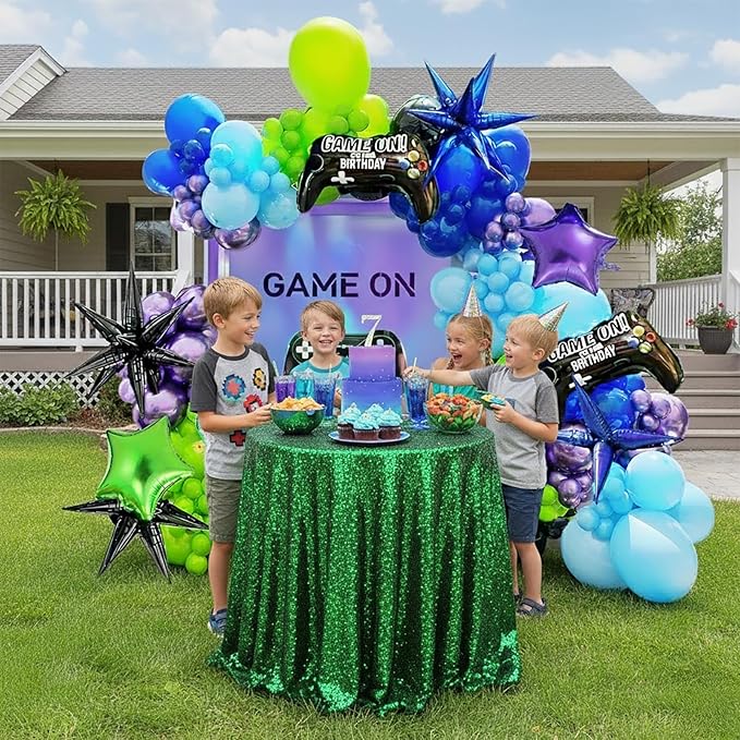 Video game Themed blue and green chrome purple balloon garland arch kit 140+pcs with handle star mylar balloon for Video game Themed Birthday party decorations