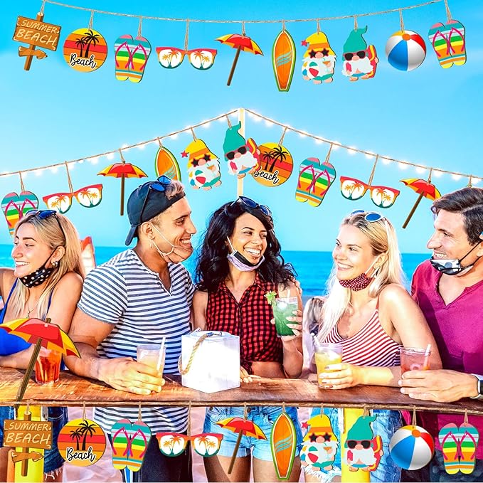 Chunful 30 Pieces Summer Tree Ornaments Christmas in July Wood Hanging Decoration Beach Wooden Slices Winter Tree Ornaments with String for Luau Hawaiian Party Supplies (Beach Style)