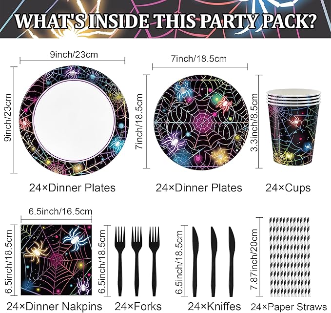 168PCS Halloween Spider Web Party Supplies for Kids Neon Spider Party Decorations Happy Halloween Holiday Themed Plates and Napkins Tableware Birthday Baby Shower Decor Serve 24 Guests