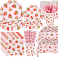 452 Pcs Strawberry Birthday Party Decorations, Strawberry Paper Plates Napkins Cups Tablecloth Cutlery Straws for Summer Fruit Theme Baby Shower Birthday Party Supplies