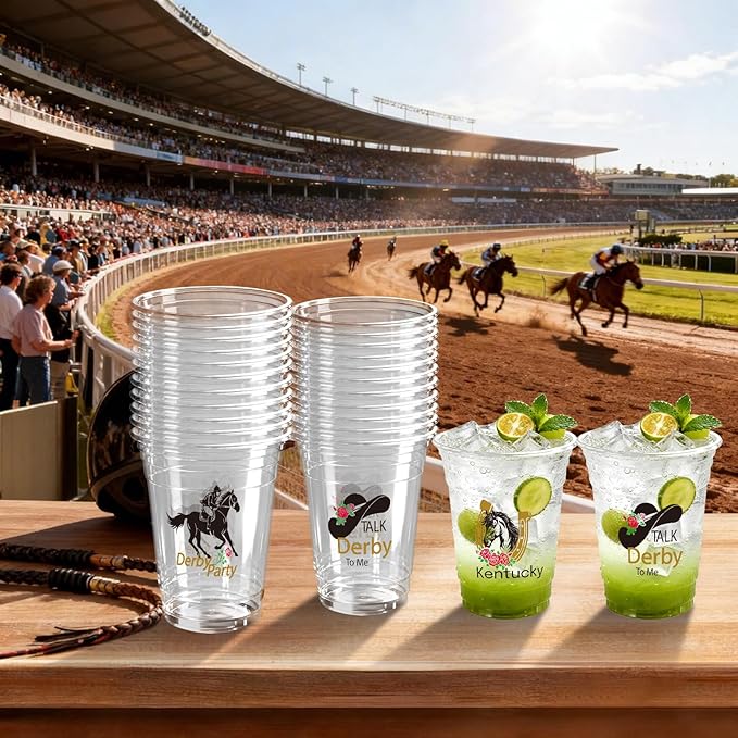 100 Pack Horse Plastic Cups 12 oz Horse Racing Disposable Clear Party Favor Drinking Cold Beverage Cup for Party Supplies Decorations
