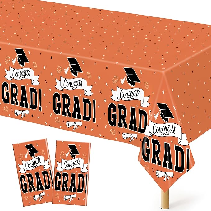 QZYL 2Pcs 2026 Graduation Table Cloths, 108" X 54" Orange Grad Party Decorations, Disposable Plastic Tablecover for Grad Decor Party Supplies, Rectangle Table Cloths for Class 2026 Congrats Grad