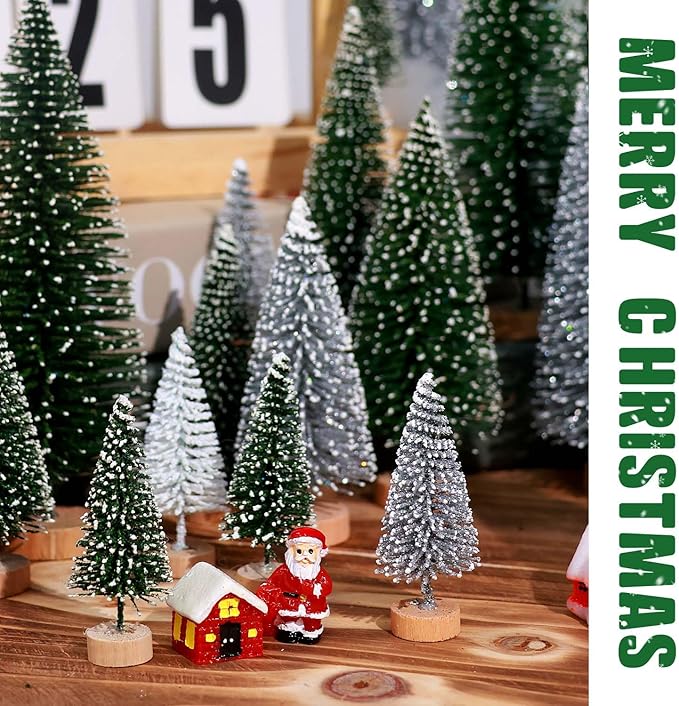 30Pcs Mini Christmas Trees Artificial Christmas Tree Bottle Brush Trees with Wooden Base for Christmas Decor Party Home Table Craft Decorations(Green+Silver+White)