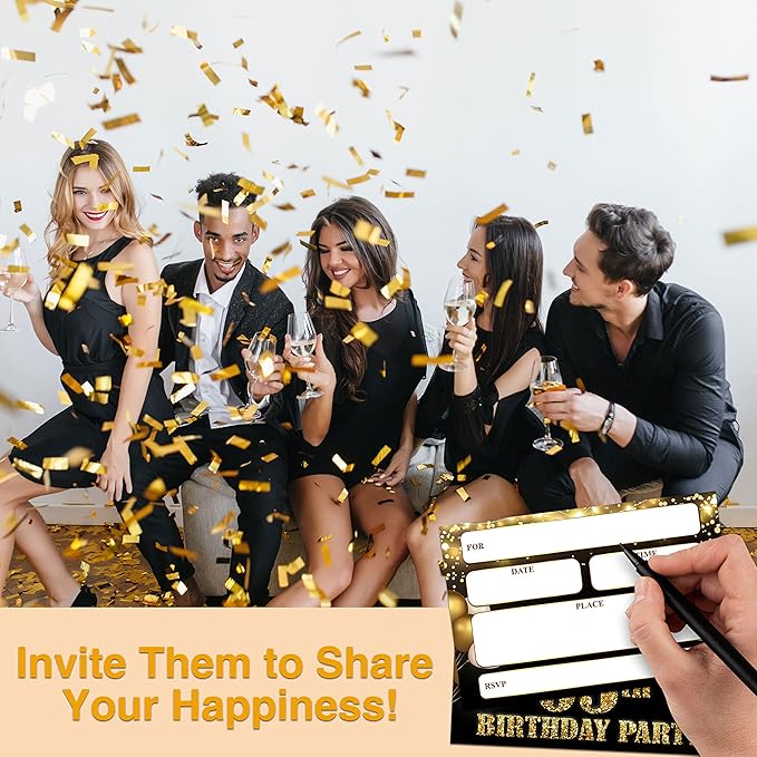 YSTEP 65th Birthday Party Invitations, 20 Black Gold Invite Cards with Envelopes, 4"x6" Foil Balloon Birthday Invites - B12