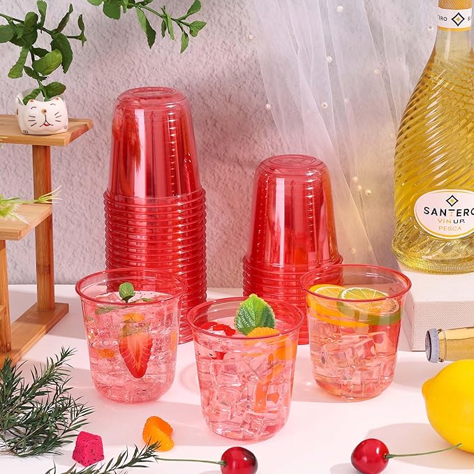 KesaPlan 50 Pcs Red Clear Plastic Cups for Party, 12 oz Disposable Stemless Wine Glasses, Cute Round Bottom Plastic Cocktail Cups for Christmas Valentine's Day Mother's Day Birthday Wedding Party