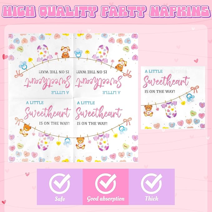 A Little Sweetheart Is On The Way Baby Shower Party Plates Supplies - Serves 24-96Pcs Conversation Heart Tableware Decoration Disposable Paper Plates Napkin Fork for Birthday