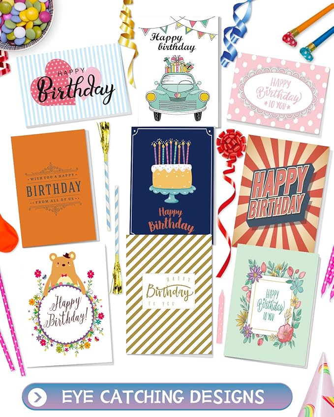 60 Unique Birthday Cards - Assorted Happy Birthday Cards, 5 x 7 inches, With Messages, Envelopes & Stickers in Bulk Boxed Set