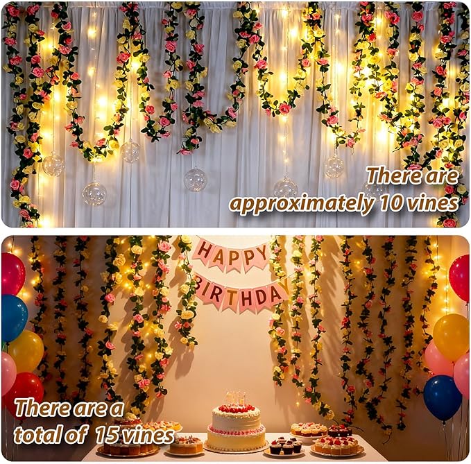 Miracliy 8Pcs 66FT Flower Garland, Orange and Champagne Artificial Rose Floral Vines Fake Hanging Spring Flower Garland for Wall Backdrop Wedding Arch Tea Party Door Mantle Decoration