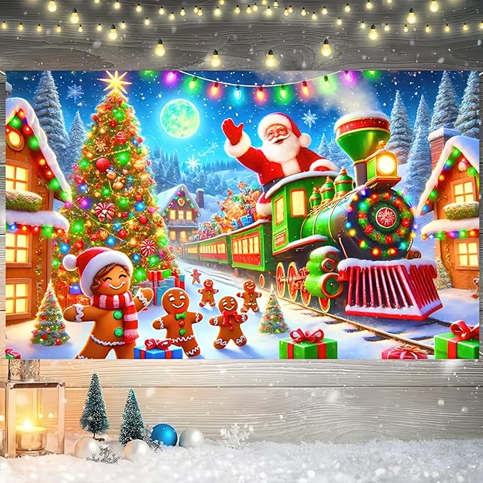 Santa Claus Train Backdrop 71x43 Inches Gingerbread Christmas Scene Banner Holiday Party Photo Background Indoor Outdoor Merry Christmas Wall Decoration for Photography