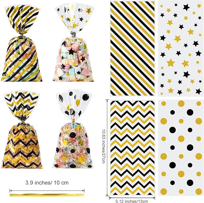 Aegero 120 Pack Black/Gold (wave dots/ wave stripes /diagonal stripes/Star Printed)Cellophane Treat Bags,10.63 x 5.12 Inch Plastic Candy Goodies Bags with 140 Pcs Twists for Valentine,Birthday,Bakery,Wedding,Gift Cookie Snack Packing,Party Favor Supplies