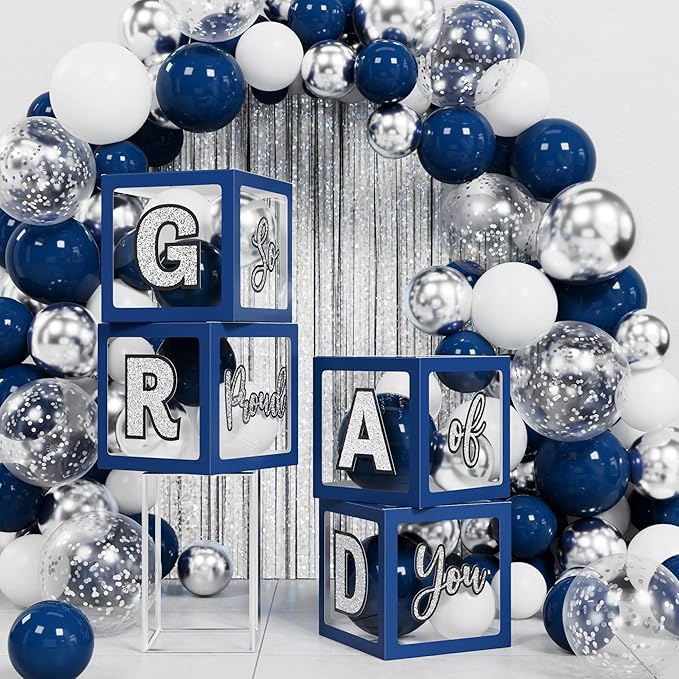 Graduation Party Decoration Class of 2026, 86PCS Blue & Silver Graduation Party Supplies High School College Grad Balloon Boxes with Letter, Foil Curtain, LED String Light, Balloon Garland Kit