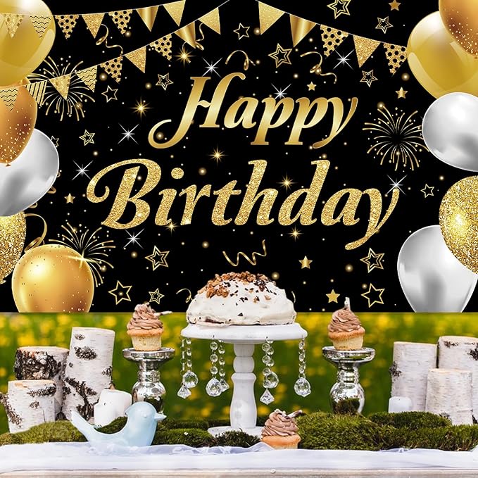 Happy Birthday Banner - Decorations for Men Women Party Welcome Background Sign, Indoor Outdoor (Gold-A)