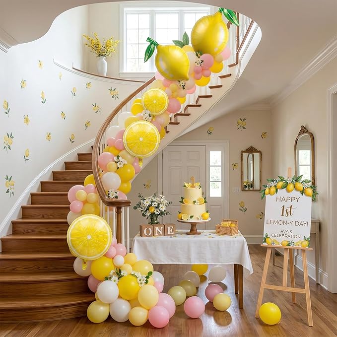 Yellow pink lemon Balloon Garland Arch kit with Sun lemon mylar Balloons for Summer birthday main squeeze Bridal Shower Sweet Baby shower Lemonade Party Decorations lemonade stand supplies