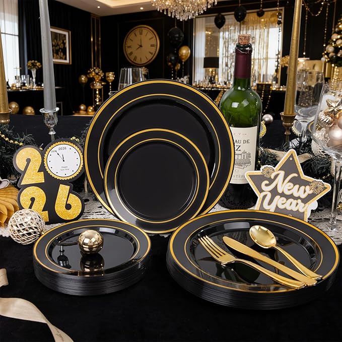 WDF 200PCS Black and Gold Plastic Plates - Black Plates Disposable for Party - Heavy Duty Plastic Plate for Graduation Wedding Party Birthday