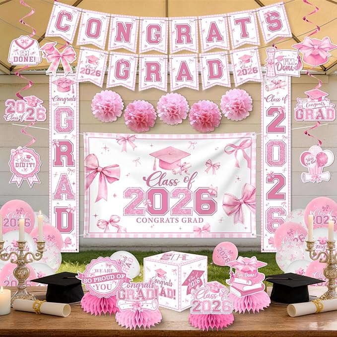Pink Bow Graduation Decorations 2026 Set, All-in-1 Coquette Kit with Congrats Grad Banner Class of 2026 Backdrop Porch Sign Balloons Centerpieces Card Box Pom Poms Streamers for College High School