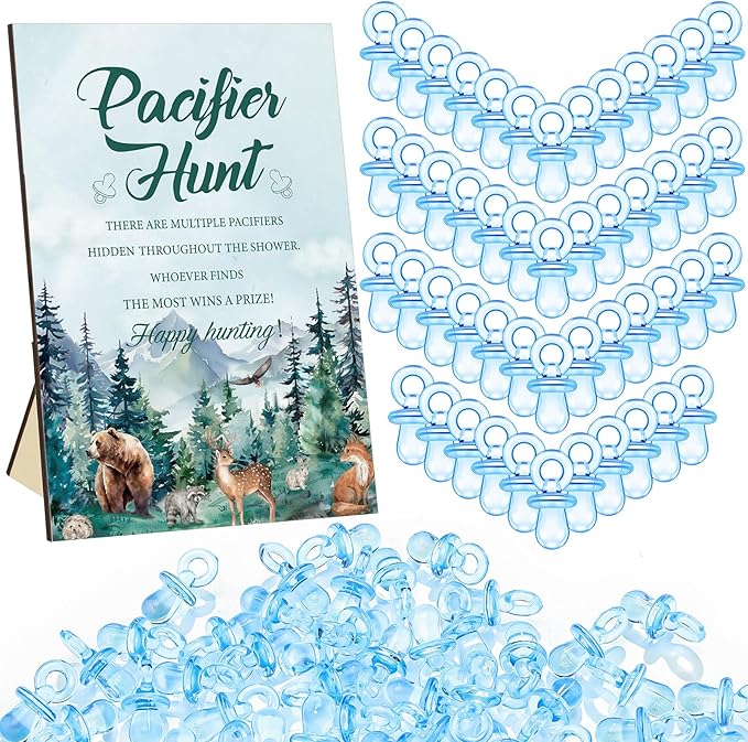 Thyle 51 Pcs Let The Adventure Begin Pacifier Hunt Baby Shower Games Include Hunt Sign and 50 Acrylic Pacifiers for Adventure Awaits Baby Shower Game Decoration Gift Sets Gender Reveal Party Decor