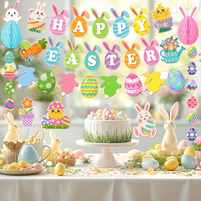 Easter Decorations for Home Easter Party Decorations Includes Happy Easter Banner Easter Garland Egg Bunny Easter Hanging Decorations Swirls Honeycomb Balls for Holiday Party Home Classroom Office