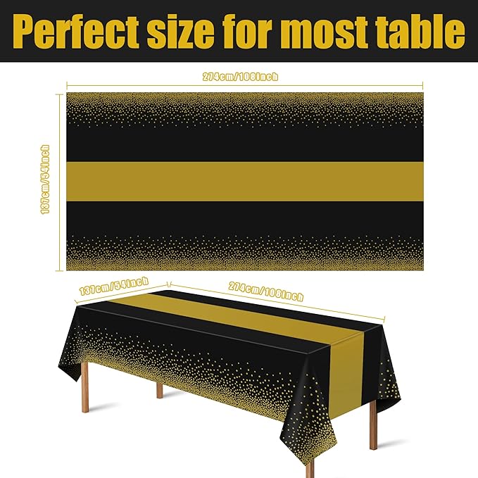 OHOME Graduation Decorations 2026-4 Pack Disposable Plastic Table Cloths,Black and Gold Table Covers for 50th Birthday Retirement Graduation Decorations Backdrop | New Years Party Supplies Favors