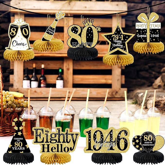 9Pcs 80th Birthday Decorations Honeycomb Centerpieces for Men Women, Black Gold Happy 80th Birthday Centerpieces Tables Toppers Party Decorations Supplies,Vintage 1946 Aged Table Sign Decor