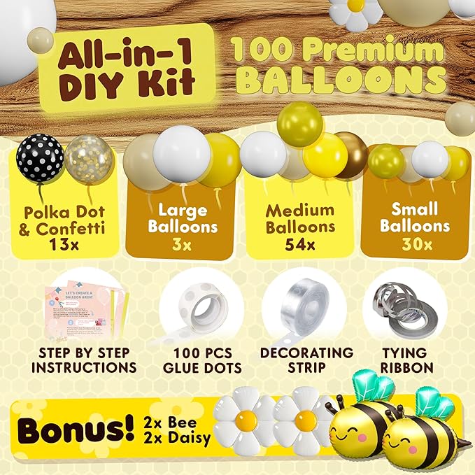 ALL-IN-1 Bee Balloons Garland Kit & Arch - Small and Large Black Yellow and White Bumble Bee Balloons for What Will It Bee Gender Reveal Party Supplies, Baby Shower Decorations, or Honey Bee Birthday