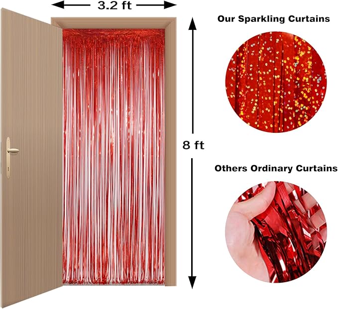 Red Tinsel Curtain Backdrop for Party Decorations - Sparkle Foil Tinsel Fringe Curtains Photo Backdrop Booth (3.2ft x 8ft, 2 Packs)