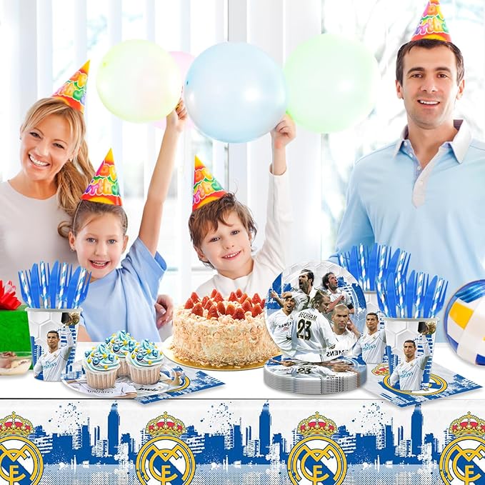 141pcs Real-Madrid Birthday Tableware Decorations Party Plates Cups Soccer Theme Napkins Beach Ball Tablecloth for Soccer Party Decoration (Real)