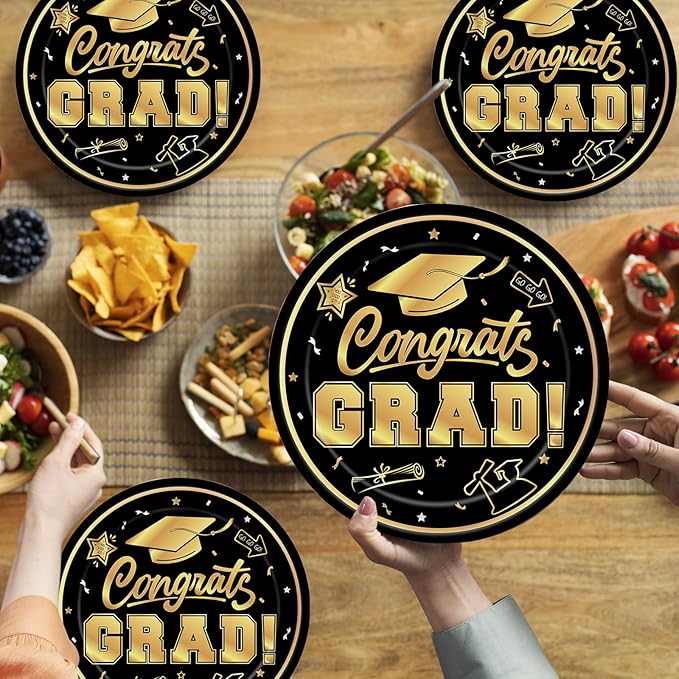 40Pcs Graduation Plates and Napkins 2025 Party Supplies, Class Of 2025 Disposable Black Gold Tableware Set for Congrats Grad Party Decorations (Graduation)