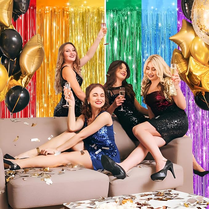 Valentines Day 2 Pack 3.3 * 8.3 ft Foil Curtain Metallic Tinsel Fringe Curtains Photo Booth Props Backdrop for Birthday Wedding Engagement Baby Shower Christmas Holiday Celebration Party，Rainbow