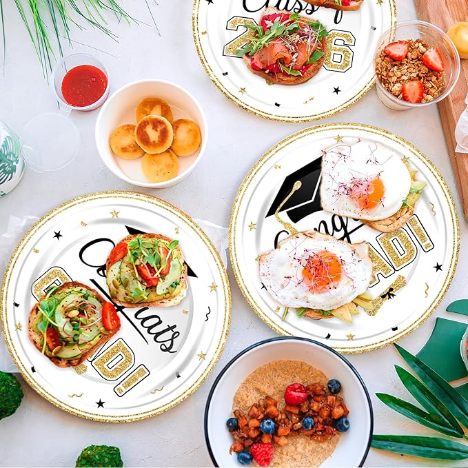 2026 Graduation Party Supplies Tableware Set - 100 Pcs White Gold Graduation Plates and Napkins Class of 2026 Disposable Dinnerware for College High School Congrats Grad Party favors, Serve 25
