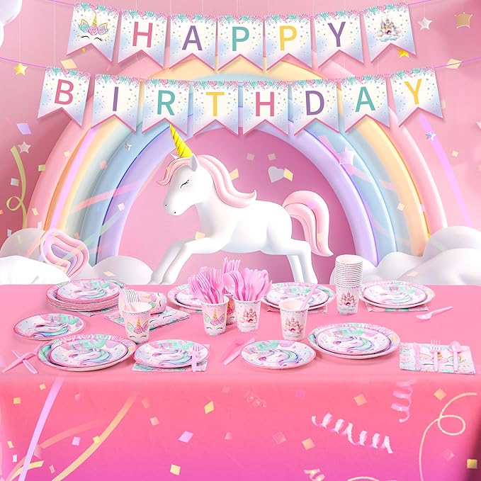171Pcs Unicorn Birthday Party Supplies with Plates Cups Napkins Cutlery, Unicorn Birthday Decorations with Unicorns Banner and Tablecloths, 24 Serves Pink Disposable Tableware for Party Decor