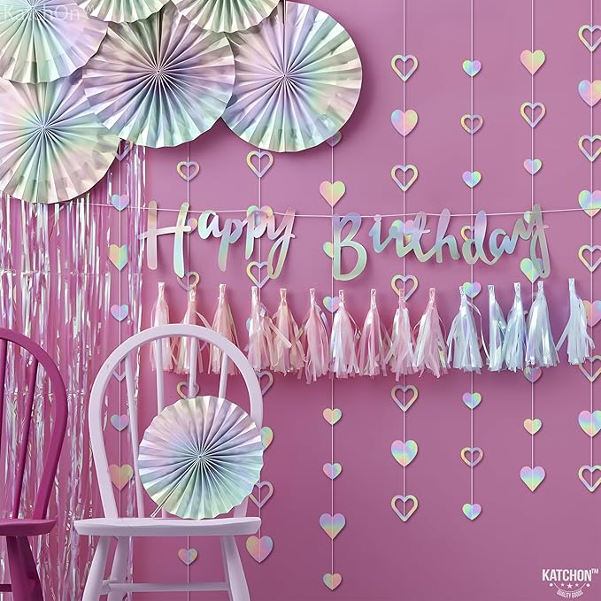 KatchOn, Iridescent Hanging Heart Garland - 6.5 Feet, Pack of 7, No DIY | Heart Banner Garland for Bridal Shower Decorations | Heart Streamers for Bachelorette Party Decorations