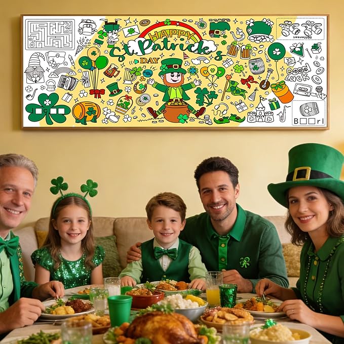 St Patricks Day Giant Coloring Poster for Kids,30x72Inch St Patricks Day Crafts Drawing Paper Coloring Tablecloth DIY Art Crafts Mat for Kids Party Clover Themed Activity Home Classroom Party Suppiles