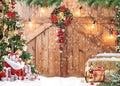 CYLYH 10x8FT Christmas Barn Wood Door Photography Backdrop Xmas Tree Snow Gift Wall Floor Party Photo Background for Holiday New Year Party Banner Family Holiday Party Supplies D554