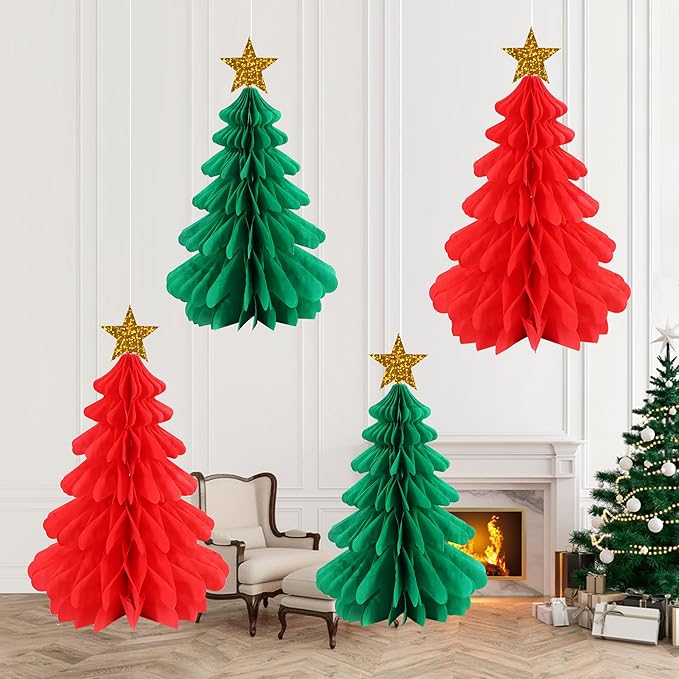 BEISHIDA Red Green Christmas Decorations, 4 Pcs 3D Christmas Honeycomb Centerpieces for Tables, Tissue Paper Tree Garland Xmas Ceiling Hanging Party Decorations for Baby Shower New Year Party Supplies