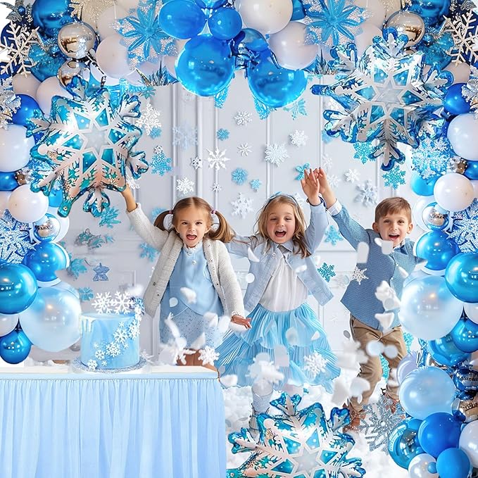 Winter Wonderland Balloon Garland arch kit 120Pcs large Snowflake Chrome Blue white Balloons For Snow Queen Princess Boy Birthday Party Baby its cold outside baby shower decorations